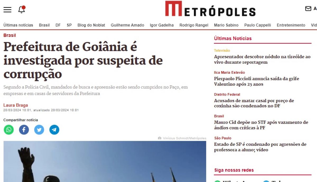 Site Metrópoles repercute nacionalmente investigação contra Prefeitura de Goiânia