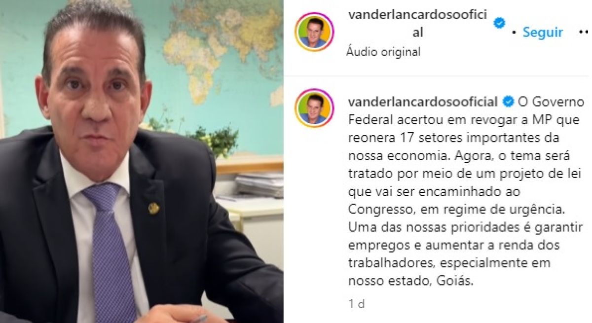 Vanderlan volta a elogiar Lula e PT em post nas redes sociais